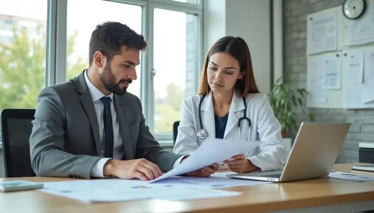 Medical billing consultant and female internist reviewing financial documents and billing reports in an office setup.