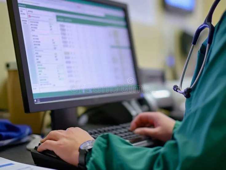 Medical professional in scrubs working on a desktop computer to process family medicine credentialing services and provider data.