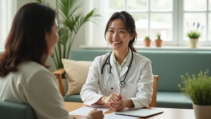 Smiling female primary care physician in a lab coat consulting with a patient at a desk for primary care medical billing services.