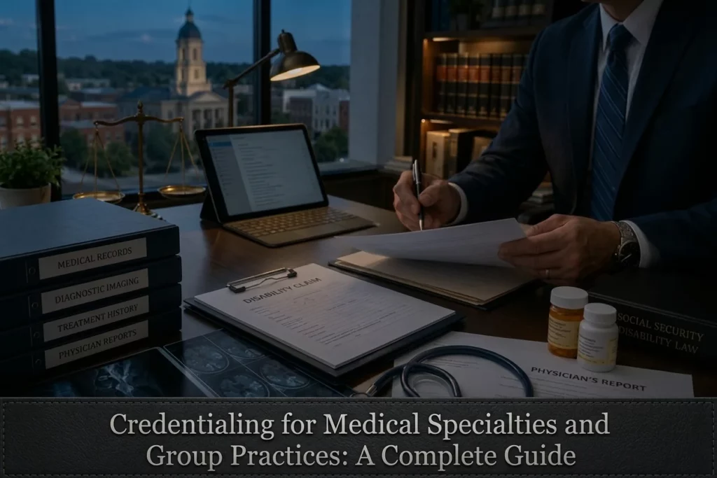 Professional in a suit reviewing physician reports, medical records, and credentialing documentation at a desk for medical credentialing services