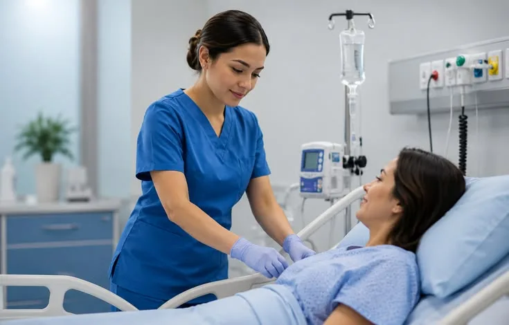 Healthcare provider in blue scrubs attending to a patient resting in a hospital bed, supported by primary care credentialing services.