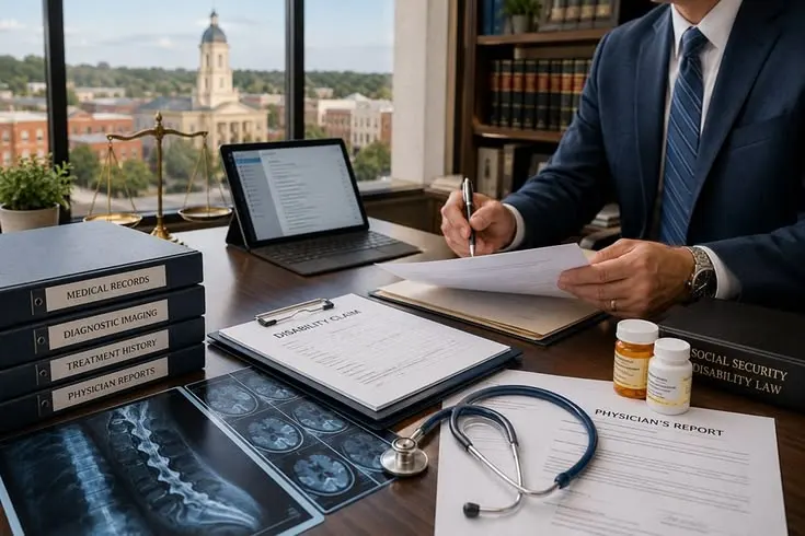 Professional in a suit reviewing physician reports, medical records, and credentialing documentation at a desk for medical credentialing services